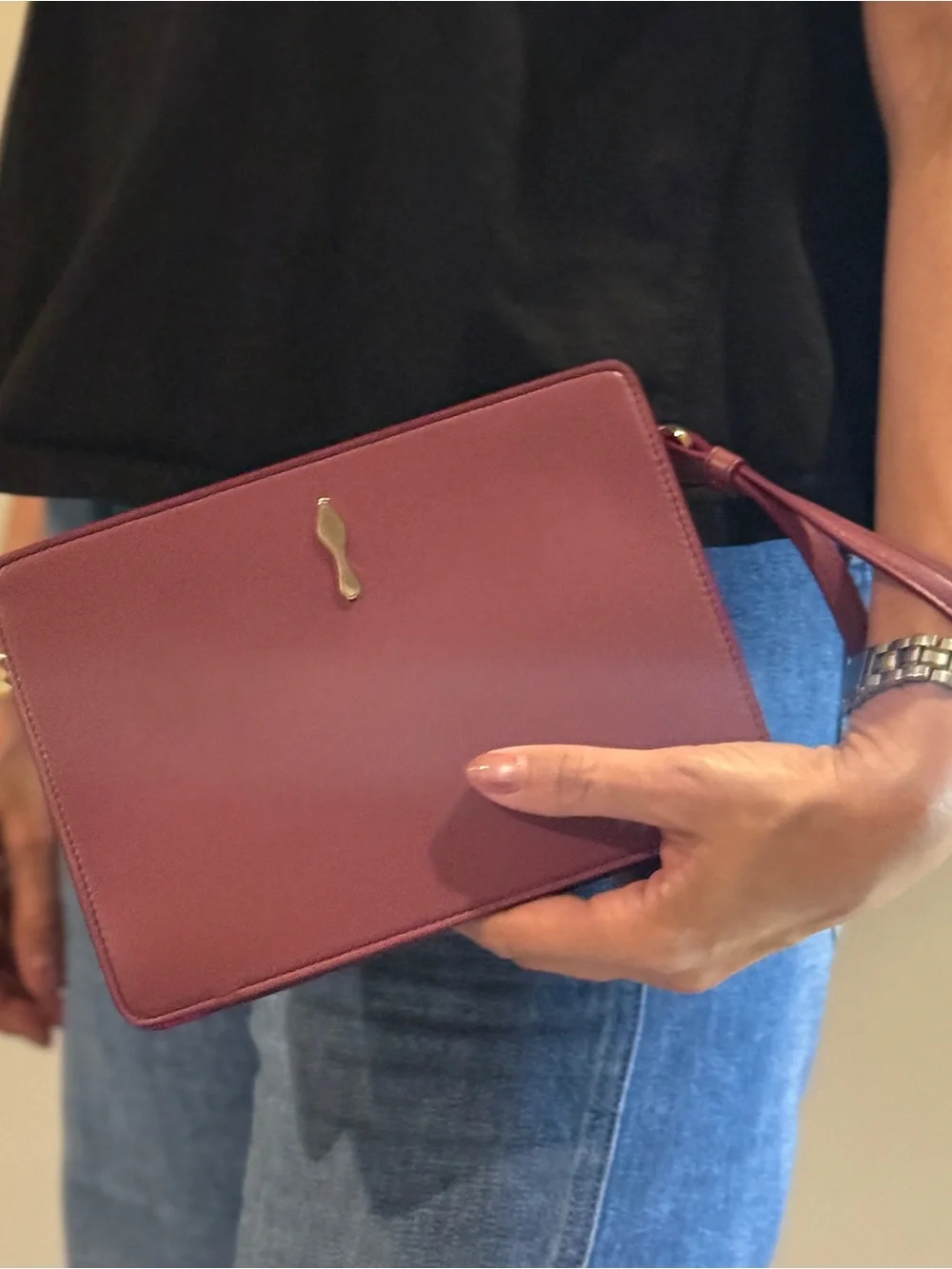 Christian Louboutin Dark Pink Leather Wristlet Clutch with Signature Shoe, NWT